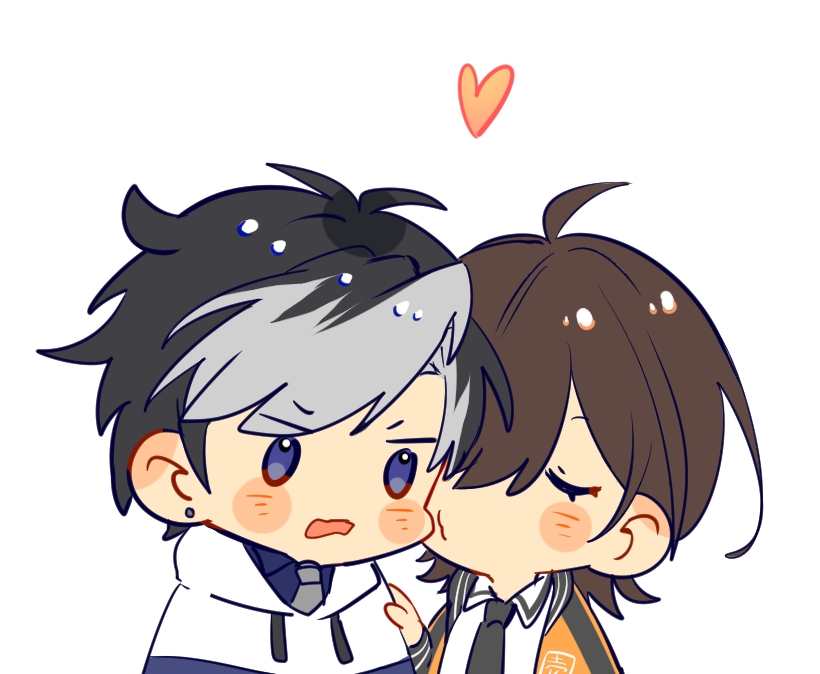 2boys, aoppella, basu_(buskillua25), black_hair, blush, brown_hair, chibi, closed_eyes, coresawa_maito, facing_viewer, heart, kiss, kissing_cheek, long_sleeves, looking_at_another, male_focus, multicolored_hair, multiple_boys, purple_eyes, short_hair, suzumiya_hajime, white_background, white_hair, yaoi