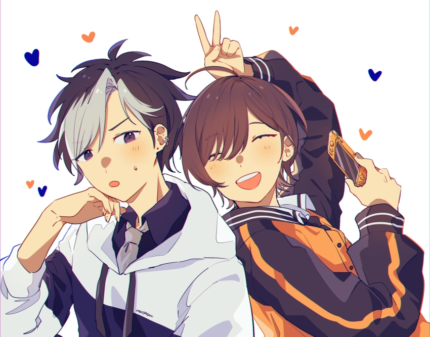 2boys, aoppella, basu_(buskillua25), black_hair, blush, brown_hair, closed_eyes, coresawa_maito, facing_viewer, heart, highres, long_sleeves, looking_at_another, looking_at_viewer, male_focus, multicolored_hair, multiple_boys, purple_eyes, short_hair, suzumiya_hajime, white_background, white_hair, yaoi