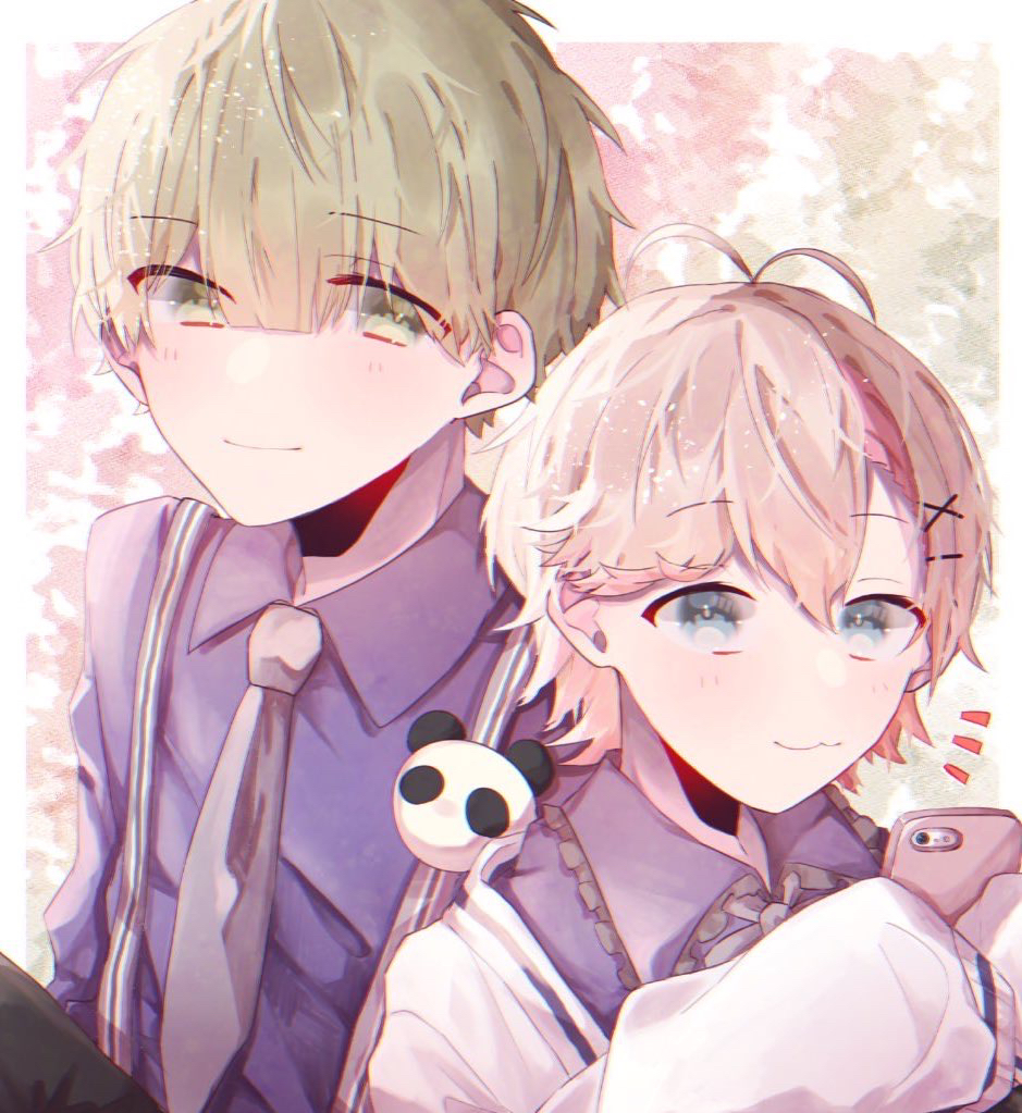 2boys, :3, androgynous, aoppella, ayase_mitsuo, blush, cellphone, green_eyes