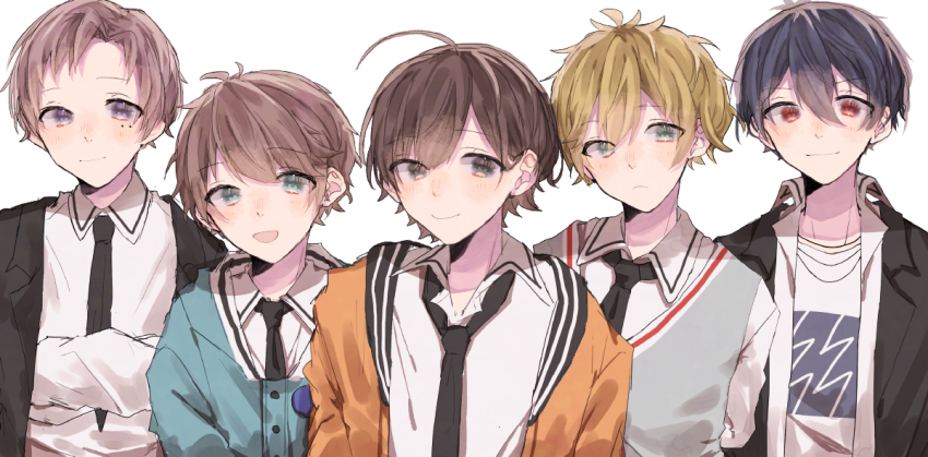 5boys, aoppella, aqua_eyes, black_hair, blonde_hair, blue_eyes, brown_eyes, brown_hair