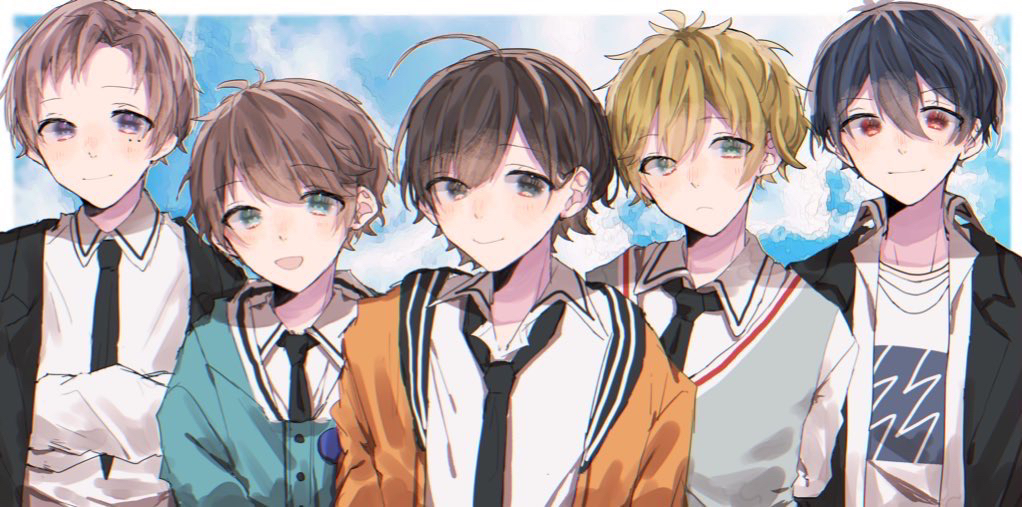 5boys, aoppella, aqua_eyes, black_hair, blonde_hair, blue_eyes, blue_sky, border