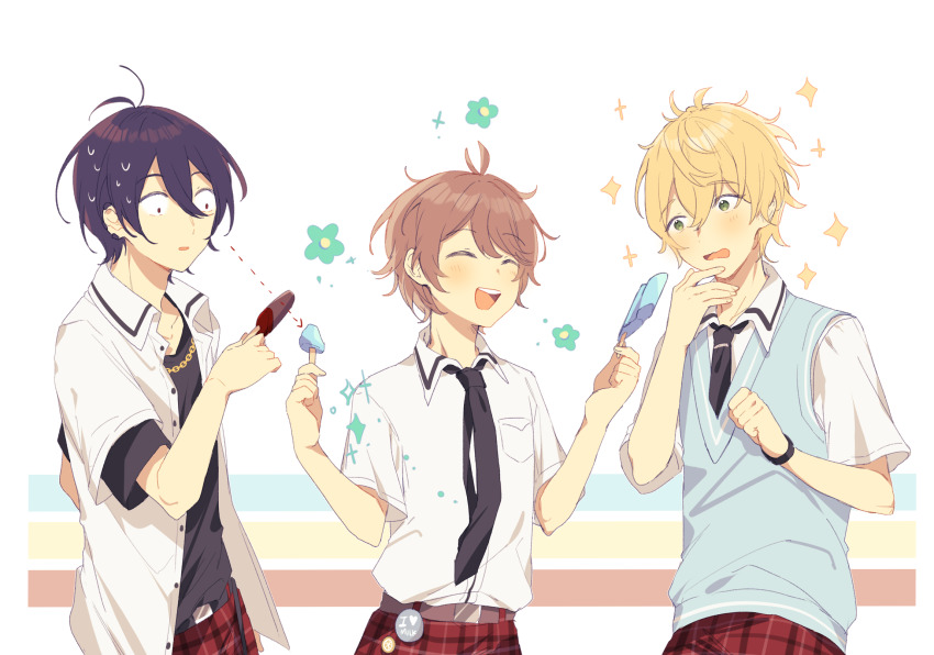 3boys, aoppella, ba_(pixiv72332792), black_hair, blonde_hair, blush, constricted_pupils, food, green_eyes, highres, holding, holding_food, holding_popsicle, kariyazono_michitaka, light_brown_hair, male_focus, multiple_boys, open_mouth, popsicle, red_eyes, shihou_luka, short_hair, smile, tanba_rin_(aoppella), white_background
