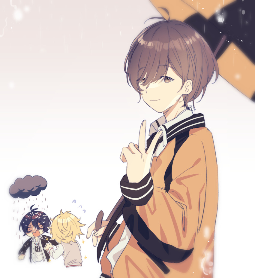 3boys, aoppella, ba_(pixiv72332792), black_hair, blonde_hair, cloud, cloudy_sky, constricted_pupils