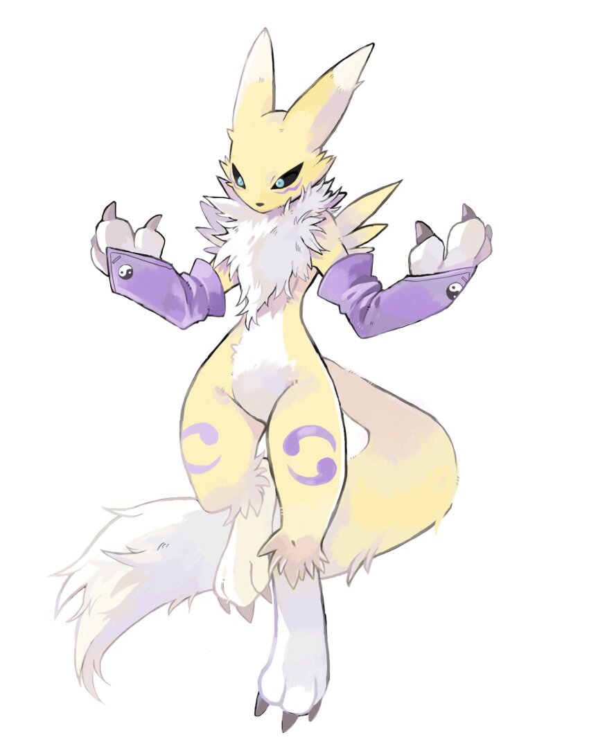 1girl, animal_ears, animal_feet, animal_hands, animal_nose, black_sclera, blue_eyes, body_fur, claws, colored_sclera, detached_sleeves, digimon, digimon_(creature), facial_mark, female_focus, flat_chest, fox_ears, fox_girl, fox_tail, full_body, furry, furry_female, groin, hands_up, highres, izumi_asuka, leg_tattoo, leg_up, neck_fur, purple_sleeves, renamon, simple_background, solo, standing, standing_on_one_leg, tail, tattoo, two-tone_fur, white_background, white_fur, yellow_fur, yin_yang