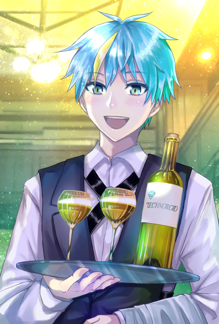 1boy, :d, alcohol, ayaan_(ayako), black_vest, blue_eyes, blue_hair, blush
