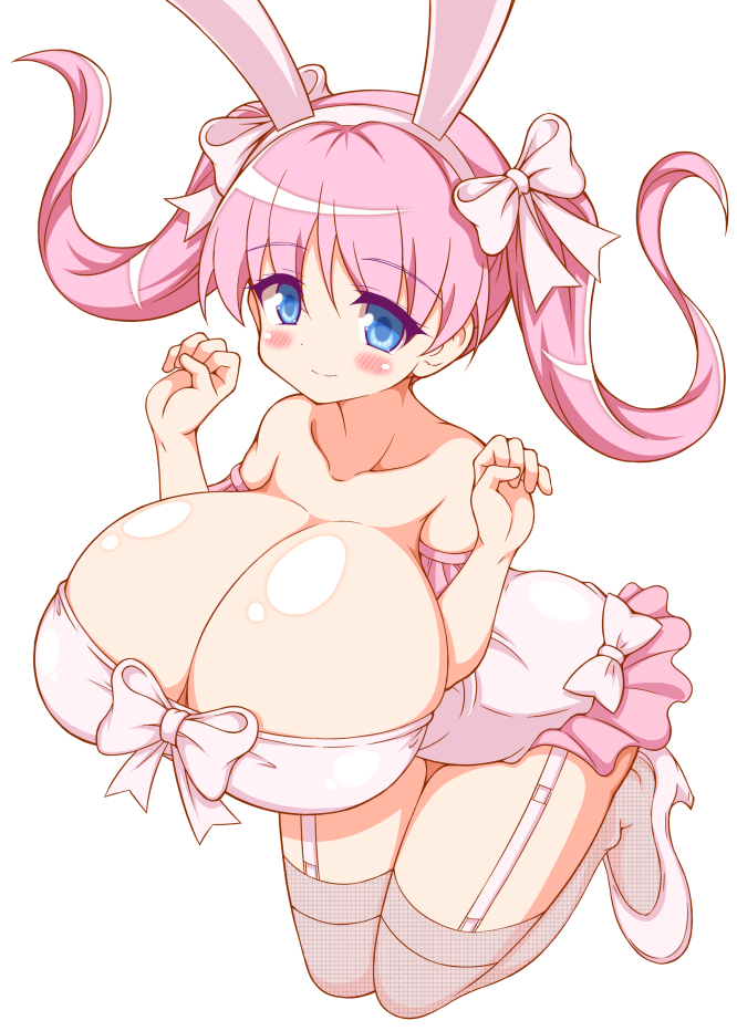 animal_ears, blue_eyes, blush, bow, breasts, cleavage, dress, fake_animal_ears, garter_straps, hair_bow, haramura_nodoka, high_heels, huge_breasts, jumping, long_hair, miyata_gakuman, oppai_loli, pink_hair, rabbit_ears, saki_(manga), short_dress, simple_background, thighhighs, twintails, white_background
