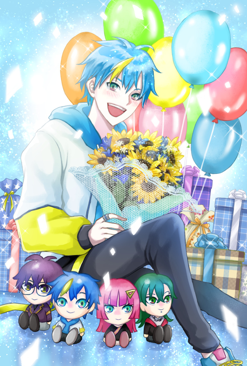 1boy, :d, aqua_eyes, ayaan_(ayako), balloon, black_pants, blonde_hair, blue_hair