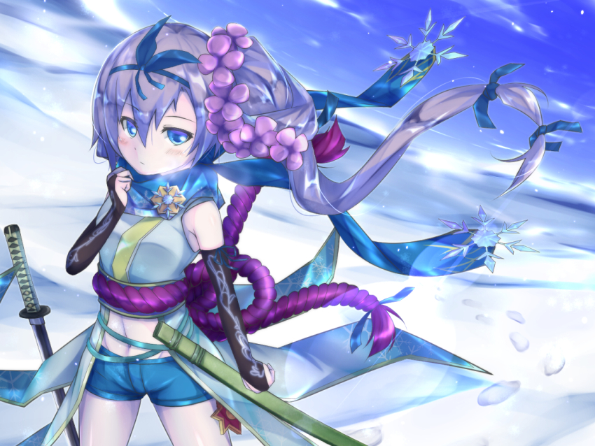 1girl, blue_eyes, blue_hair, blue_sky, blush, closed_mouth, flower, hair_flower