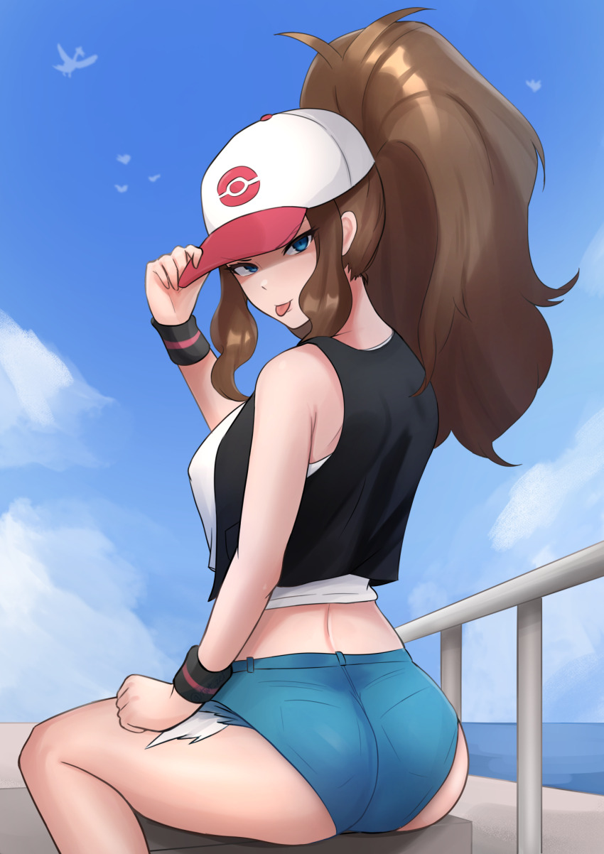 1girl, :p, ass, baseball_cap, bird, black_vest, blue_eyes, blue_sky, brown_hair, cloud, denim, denim_shorts, hair_through_headwear, hand_on_headwear, hat, high_ponytail, highres, hilda_(pokemon), long_hair, looking_at_viewer, looking_back, midriff, nintendo, poke_ball_print, pokemon, pokemon_black_and_white, ponytail, railing, short_shorts, shorts, sidelocks, sitting, sky, solo, tank_top, thighs, tongue, tongue_out, vest, white_tank_top, wristband, zet_(twt_zet)