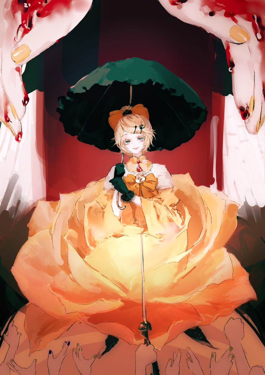 1girl, absurdres, aku_no_musume_(vocaloid), bare_shoulders, black_flower, black_gloves, black_rose, blood