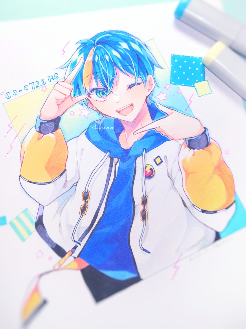 1boy, absurdres, blue_eyes, blue_hair, character_name, cobalt_(technoroid), highres, looking_at_viewer