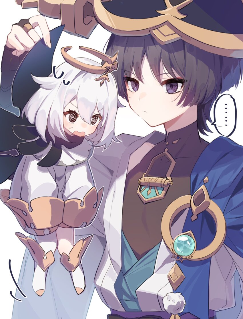 ..., 1boy, 1girl, @_@, armor, black_hair, boots, closed_mouth, dress, eyeshadow, genshin_impact, halo, hat, highres, japanese_armor, japanese_clothes, jingasa, kote, kurkote, long_sleeves, makeup, mochizuki_mochi, open_mouth, paimon_(genshin_impact), purple_eyes, red_eyeshadow, scaramouche_(genshin_impact), scarf, simple_background, single_thighhigh, spoken_ellipsis, sweat, thighhighs, vision_(genshin_impact), wanderer_(genshin_impact), white_background, white_dress, white_footwear, white_hair, white_thighhighs