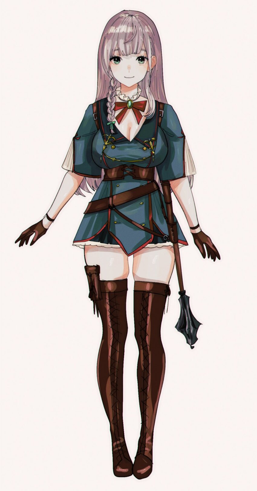 1girl, alternate_costume, blue_dress, boots, bow, bowtie, braid, breasts, brown_boots, brown_gloves, bustier, cleavage, detached_collar, dress, frilled_shirt_collar, frills, full_body, gloves, green_eyes, green_ribbon, grey_hair, hair_ribbon, highres, hololive, large_breasts, long_hair, looking_at_viewer, momiage_40, pouch, red_bow, red_bowtie, ribbon, shirogane_noel, short_sleeves, side_braid, simple_background, skin_tight, skindentation, smile, solo, straight-on, thigh_boots, thigh_pouch, virtual_youtuber, weapon, white_background