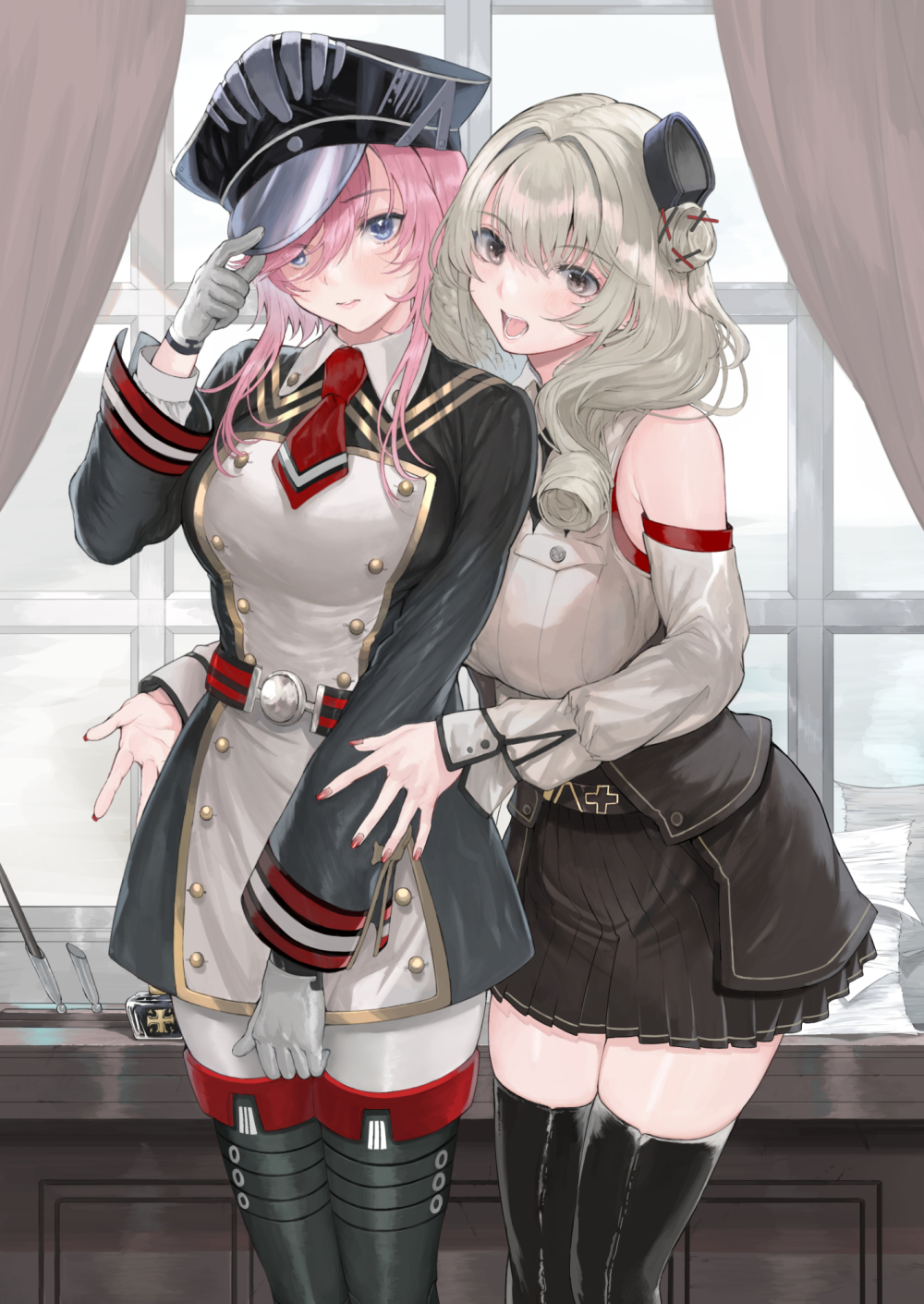 2girls, :d, azur_lane, bare_shoulders, black_footwear, black_headwear, blue_eyes, boots