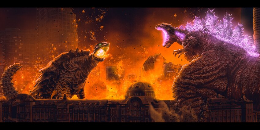 3d, black_sky, breath_weapon, building, city, crossover, daiei_film, destruction, embers, energy, energy_ball, fire, fireball, gamera, gamera_(series), gamera_3:_revenge_of_iris, giant, giant_monster, glowing, glowing_eyes, glowing_mouth, glowing_spikes, godzilla, godzilla_(series), godzilla_(shin), gonzo(u), green_eyes, highres, kaiju, night, open_mouth, plasma, plasma_bolt, plasma_fireball, plasmoid, purple_eyes, real_world_location, sea_monster, shin_godzilla, sky, skyscraper, spikes, tail, toho, tokyo_station, train_station, turtle, turtle_shell, tusks