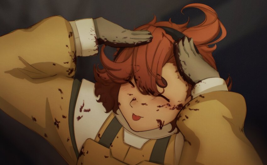 1girl, ah_eto..._bleh_(meme), ahoge, alirano_z, blood, blood_on_clothes, blood_on_face, blood_on_hands, blush, closed_eyes, commentary, english_commentary, gloves, gundam, gundam_suisei_no_majo, hairband, hands_on_own_head, highres, mecha_pilot_suit, meme, normal_suit_(gundam), red_hair, short_hair, solo, spacesuit, spoilers, suletta_mercury, taiho_shichauzo, tongue, tongue_out, upper_body