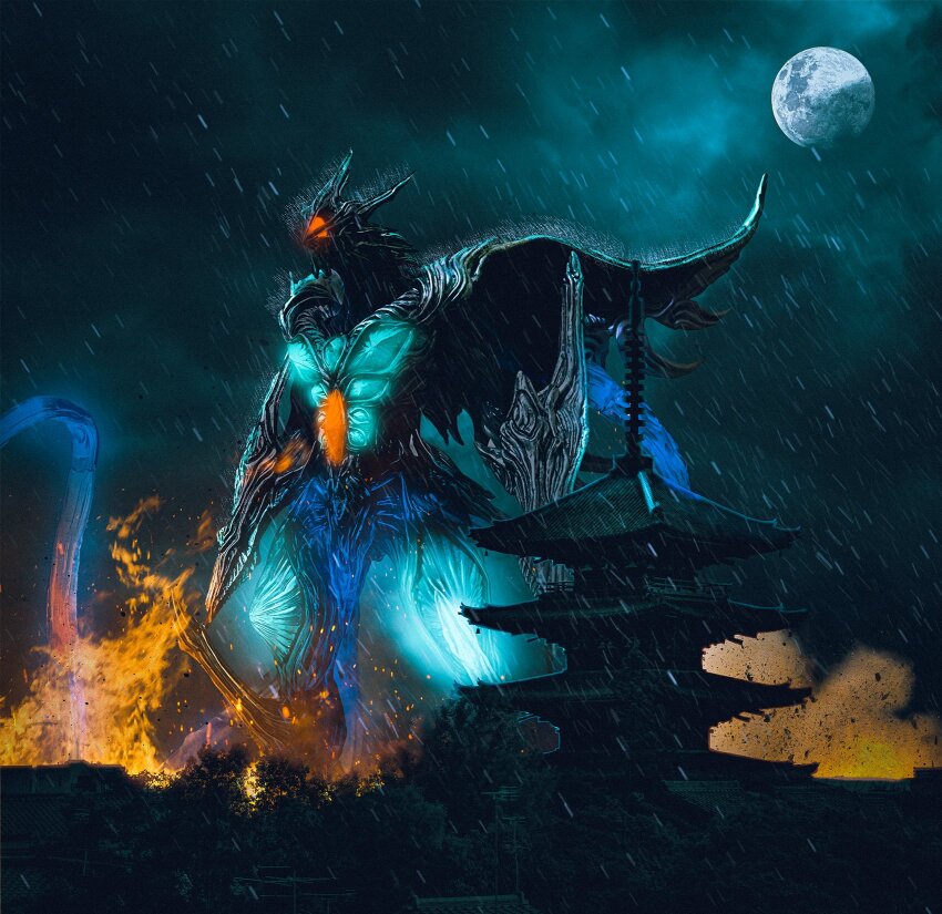 arm_blade, bioluminescence, black_sky, buddhist_temple, building, cloud, cloudy_sky, daiei_film