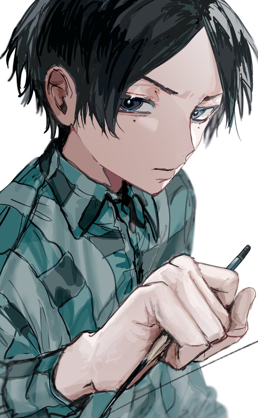 1boy, black_hair, blue_eyes, blue_period, highres, holding, holding_pencil, looking_at_viewer