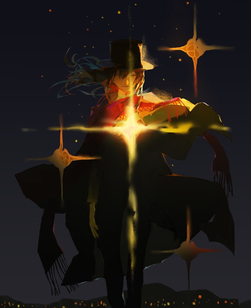 1boy, absurdres, angel, arm_up, black_hair, black_hat, cape, chinese_commentary