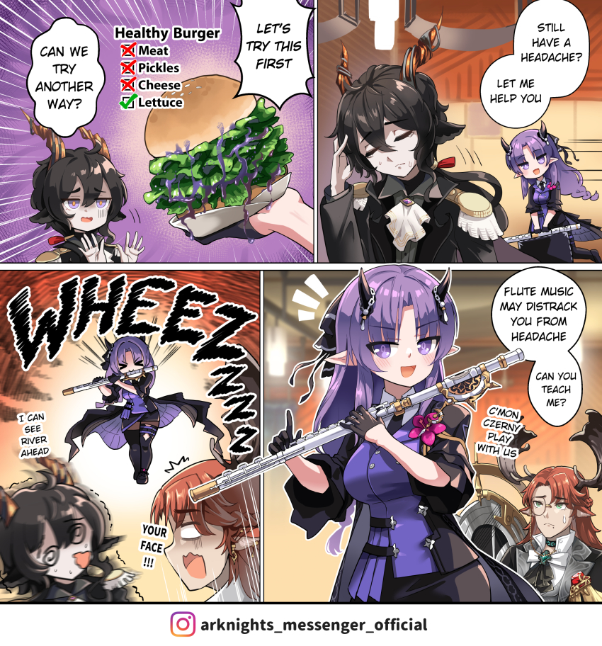 1girl, 2boys, antlers, arknights, bad_food, burger, chibi, comic, czerny_(arknights), deer_antlers, deer_boy, ebenholz_(arknights), english_text, food, hibiscus_(arknights), hibiscus_the_purifier_(arknights), highres, hm_(hmongt), horns, lettuce, monocle, multiple_boys, official_alternate_costume, sick, speech_bubble, surprised, vegetable, you're_not_helping