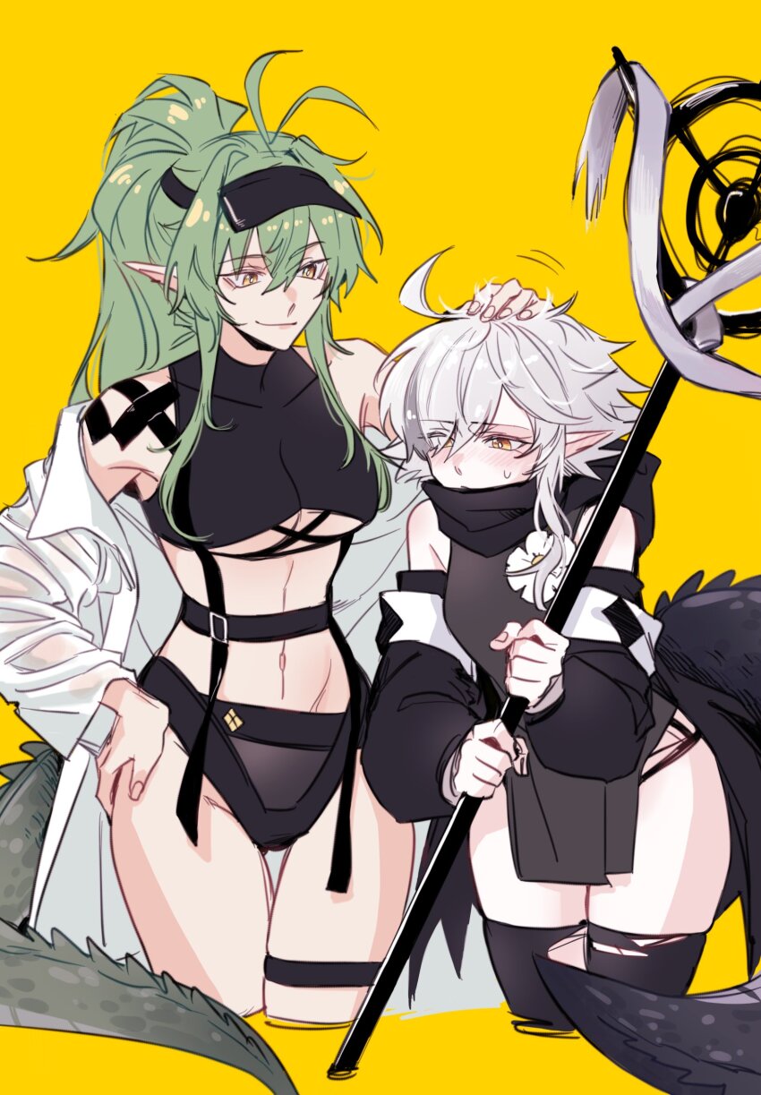 ahoge, antenna_hair, arknights, backgun, bikini, black_bikini, black_scarf, breasts