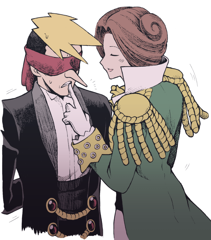 ace_attorney, arms_behind_back, black_hair, blindfold, blonde_hair, brown_hair, closed_eyes, collared_shirt