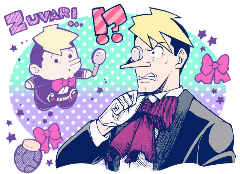!?, 1boy, ace_attorney, black_hair, black_jacket, blonde_hair, bow, bowtie