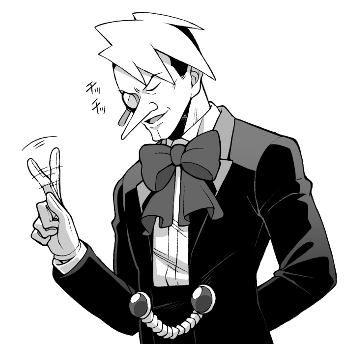 1boy, ace_attorney, bow, bowtie, closed_eyes, collared_shirt, wagging_finger, formal_clothes