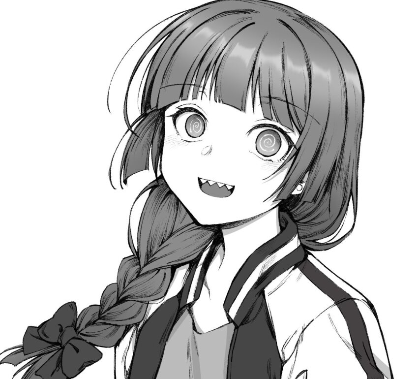 1girl, @_@, bocchi_the_rock!, bow, braid, earrings, greyscale, hiroi_kikuri, jacket, jewelry, long_hair, monochrome, nihudau, sharp_teeth, smile, stud_earrings, teeth, upper_teeth_only, white_background