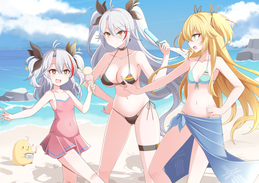 +_+, 3girls, admiral_hipper_(azur_lane), alternate_costume, aunt_and_niece, azur_lane, beach, bikini, black_bikini, blonde_hair, blue_bikini, blue_sarong, cross, dress, flag_print, flag_print_bikini, food, german_flag_bikini, green_eyes, hebitsukai-san, highres, holding, holding_food, holding_ice_cream, ice_cream, iron_cross, little_prinz_eugen_(azur_lane), long_hair, manjuu_(azur_lane), mother_and_child, mother_and_daughter, multicolored_hair, multiple_girls, ocean, official_alternate_costume, orange_eyes, parent_and_child, pink_dress, print_bikini, prinz_eugen_(azur_lane), prinz_eugen_(unfading_smile)_(azur_lane), red_hair, sand, sarong, shadow, siblings, side-tie_bikini_bottom, sisters, standing, streaked_hair, summer, swimsuit, thigh_strap, two-tone_hair, very_long_hair, water, white_hair