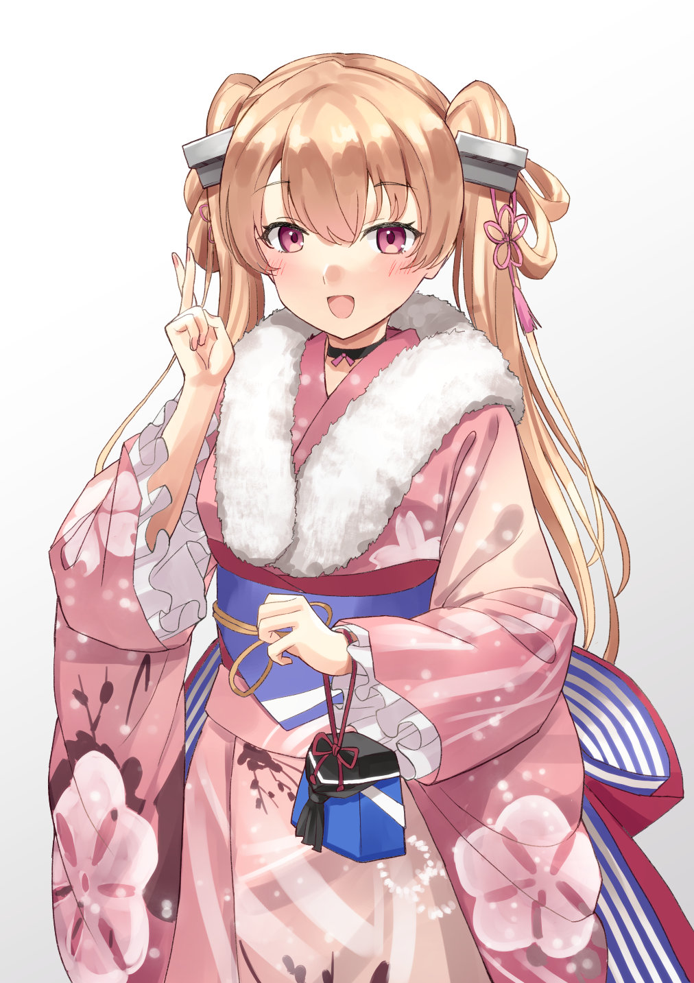 1girl, bag, fur-trimmed_kimono, fur_trim, haregi, highres, japanese_clothes, johnston_(kancolle)