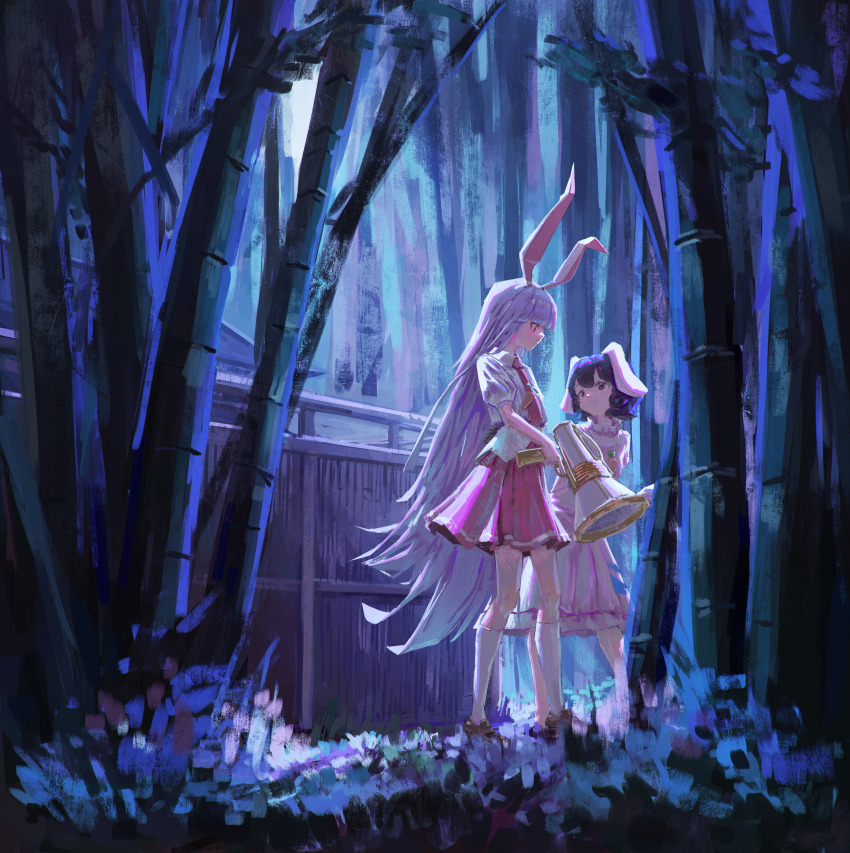 2girls, absurdres, animal_ears, black_hair, carrot_necklace, collared_shirt, dress, gun