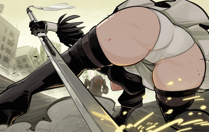 1girl, ass, high_heels, highres, nier_(series), nier:automata, panties, robot, sword, uhohsplooge, underwear, weapon, 2b_(nier:automata)