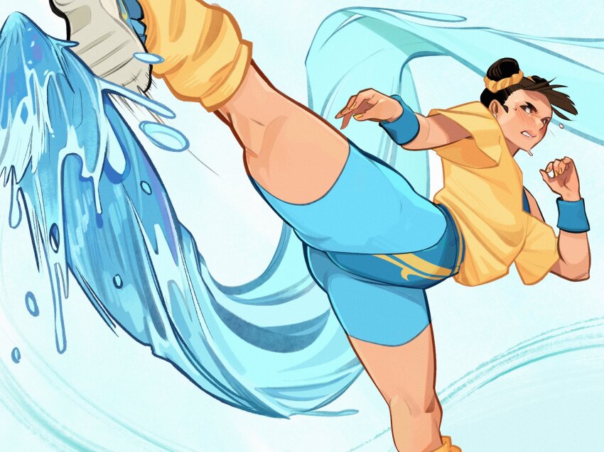 1girl, armband, blue_armband, brown_hair, capcom, chun-li, highres, kicking