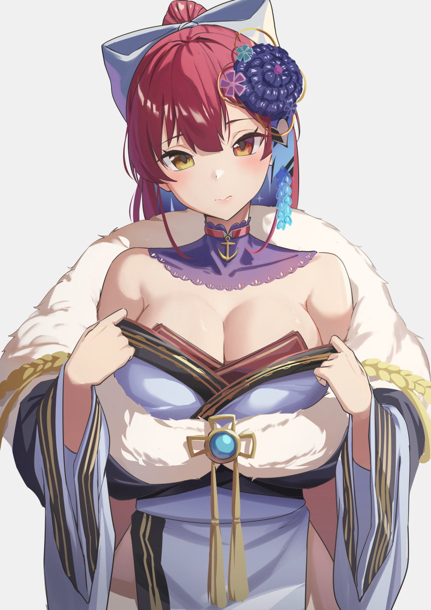 1girl, absurdres, anchor_pendant, bare_shoulders, bow, breasts, choker, cleavage, closed_mouth, commentary, detached_collar, fur_trim, hair_bow, hair_ornament, heterochromia, high_ponytail, highres, hololive, houshou_marine, houshou_marine_(new_year), japanese_clothes, kimono, large_breasts, off_shoulder, official_alternate_costume, pendant_choker, ponytail, red_choker, red_eyes, red_hair, reulem, simple_background, solo, tassel, virtual_youtuber, white_background, wide_sleeves, yellow_eyes