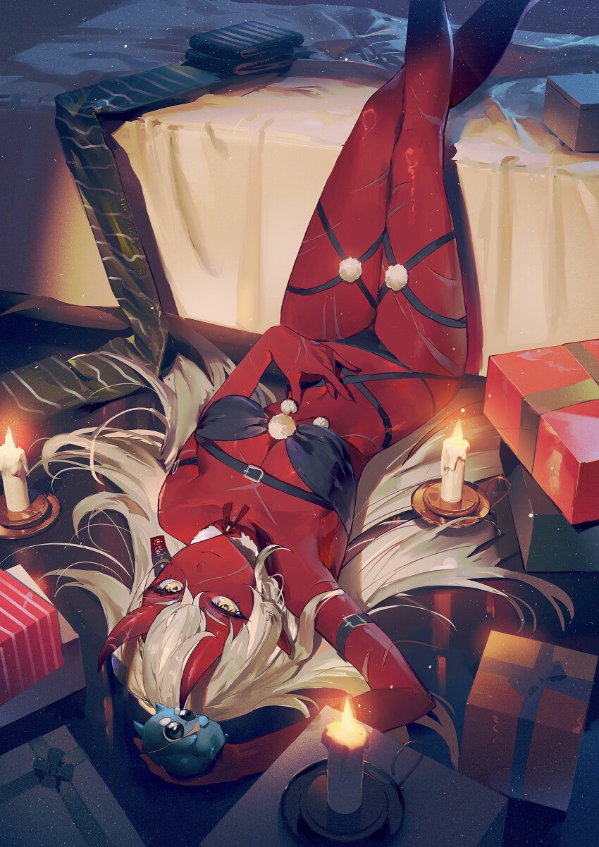 1girl, absurdres, akumi_(yoclesh), bed, borrowed_character, candle, colored_skin, highres