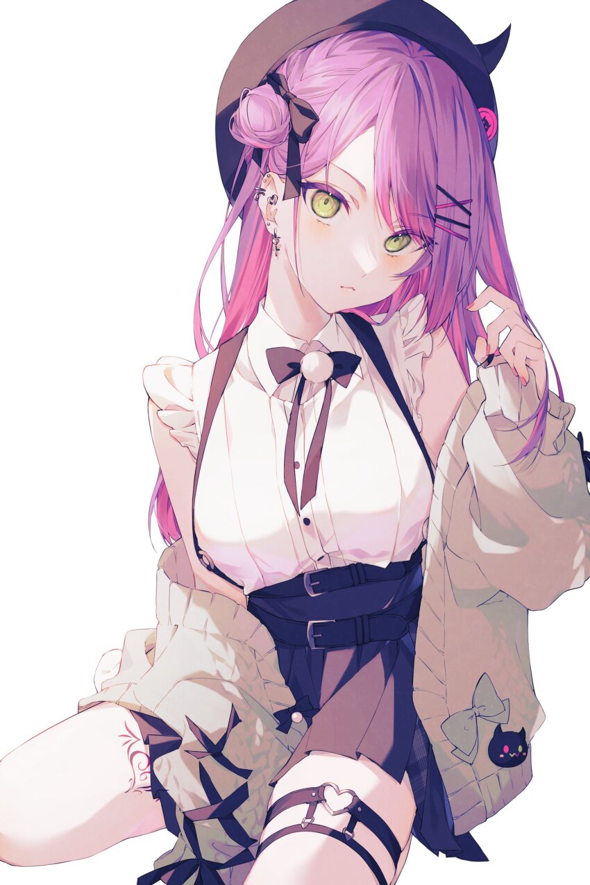 1girl, absurdres, belt, black_bow, black_bowtie, black_hat, black_skirt, bow, bowtie, breasts, cardigan, cheese_oho, collared_shirt, ear_piercing, earrings, frilled_shirt, frills, green_eyes, hair_bow, hair_bun, hair_ornament, hairclip, hat, heart, heart_o-ring, highres, hololive, horned_hat, jewelry, long_hair, medium_breasts, multicolored_hair, nail_polish, o-ring, open_cardigan, open_clothes, piercing, pink_hair, pink_nails, pleated_skirt, pom_pom_(clothes), purple_hair, shirt, simple_background, single_side_bun, sitting, skirt, sleeveless, sleeveless_shirt, solo, streaked_hair, suspender_skirt, suspenders, tattoo, thigh_strap, tokoyami_towa, tokoyami_towa_(jirai_kei), virtual_youtuber, white_background, white_shirt