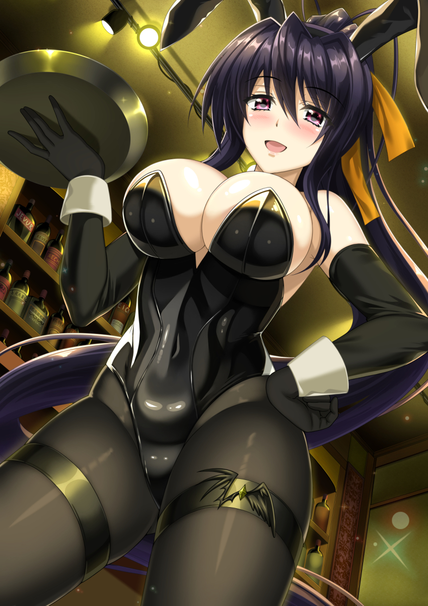 1girl, :d, alcohol, animal_ears, antenna_hair, asymmetrical_wings, bar_(place), black_gloves, black_hair, black_leotard, black_pantyhose, blush, bottle, breasts, ceiling_light, chinese_zodiac, cleavage, covered_navel, elbow_gloves, fake_animal_ears, female_focus, floating_hair, from_below, gloves, hair_between_eyes, hair_ribbon, high_ponytail, high_school_dxd, highleg, highleg_leotard, highres, himejima_akeno, holding, holding_tray, large_breasts, leotard, long_hair, looking_at_viewer, mismatched_wings, open_mouth, orange_ribbon, pantyhose, playboy_bunny, ponytail, purple_eyes, rabbit_ears, ribbon, shelf, shibata_rai, skindentation, smile, solo, strapless, strapless_leotard, thick_thighs, thigh_strap, thighs, tray, very_long_hair, wings, wrist_cuffs, year_of_the_rabbit