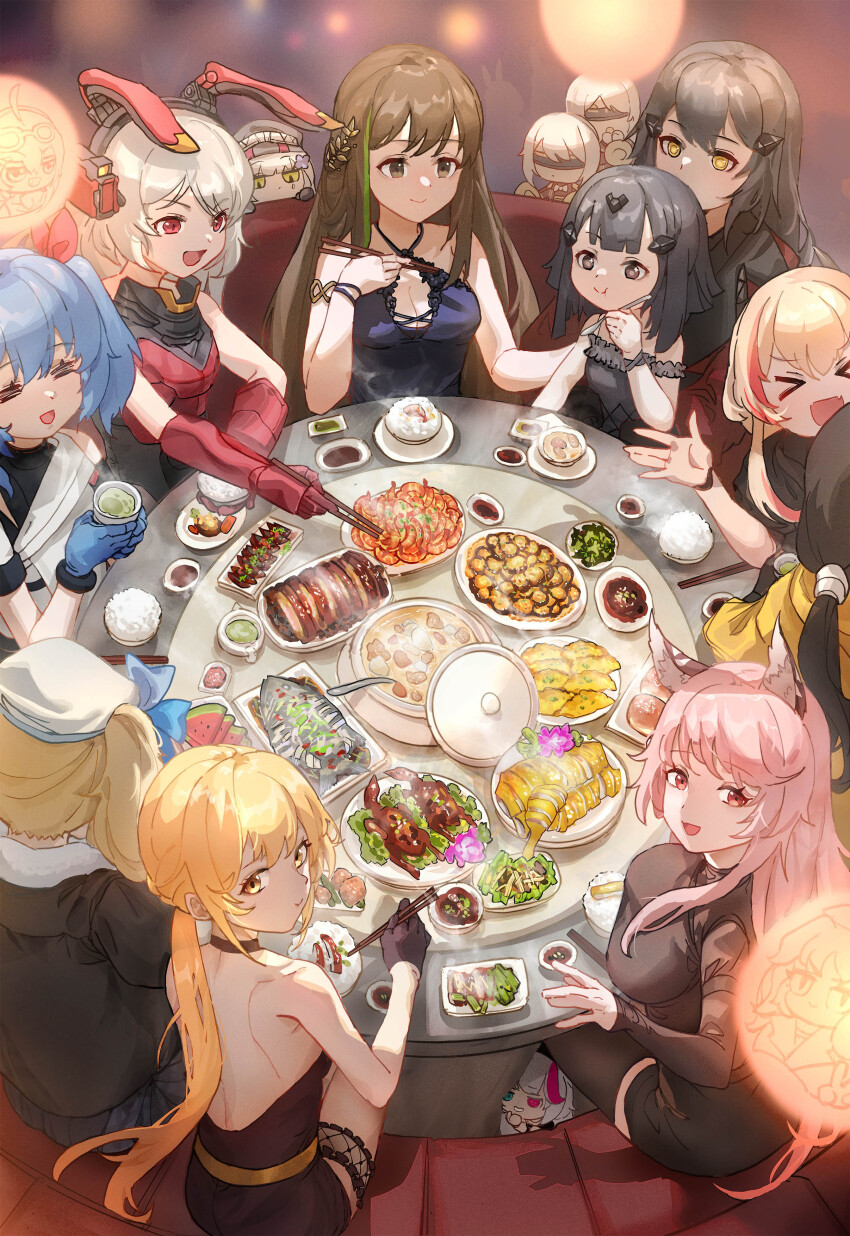 >_<, 6+girls, :d, :t, absurdres, animal_ears, anna_(girls'_frontline), bare_shoulders