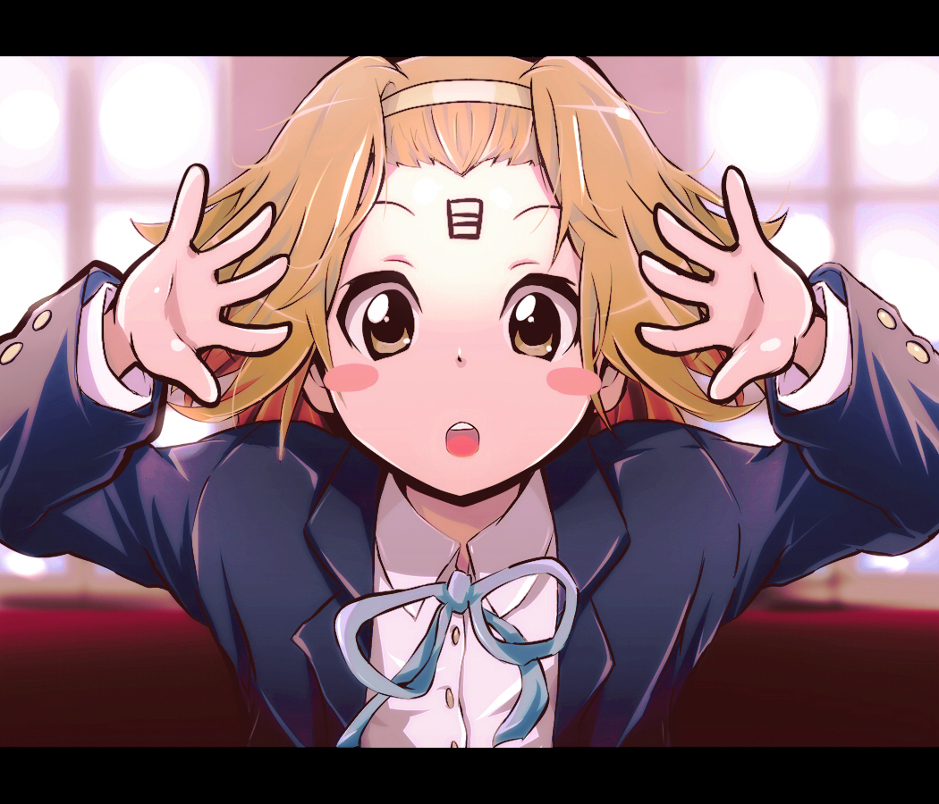 1girl, blush_stickers, brown_eyes, brown_hair, dragon_ball, facial_mark, female_focus, forehead_mark, go!go!_maniac, hairband, k-on!, letterboxed, open_mouth, parody, school_uniform, short_hair, solo, tainaka_ritsu, taiyoken, taiyouken, tanashi_(mk2), tenshinhan
