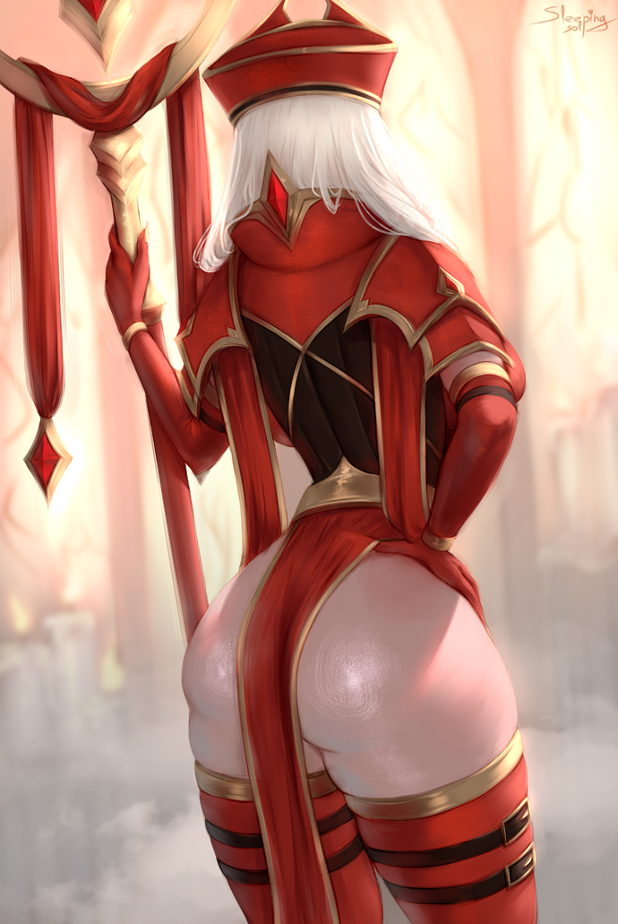 1girl, armor, artist_name, ass, elbow_gloves, facing_away, from_behind, gloves, hand_on_own_hip, holding, holding_staff, human_(warcraft), long_hair, red_gloves, red_headwear, red_thighhighs, sally_whitemane, shiny_skin, short_sleeves, shoulder_armor, sleepingsol, solo, staff, thigh_strap, thighhighs, warcraft, white_hair, world_of_warcraft