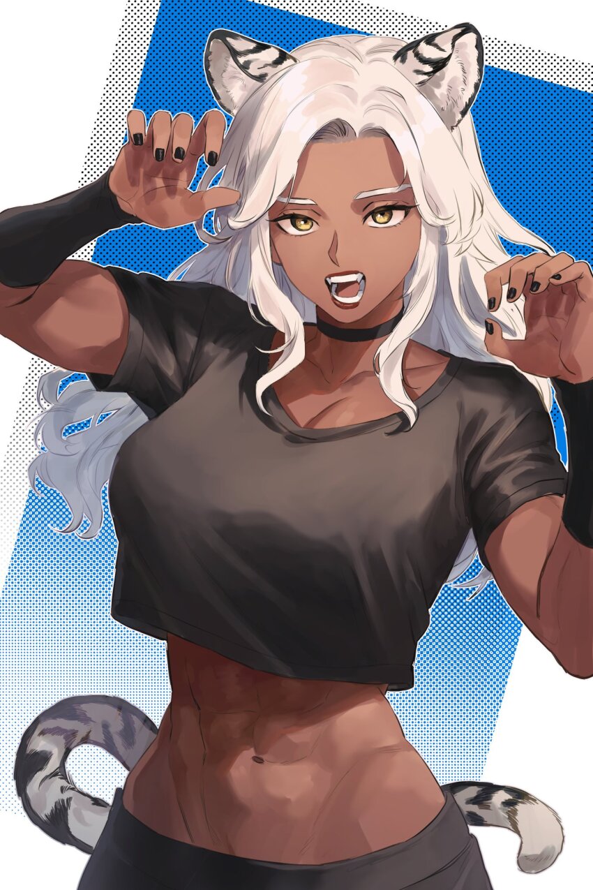 1girl, abs, animal_ears, black_choker, black_nails, black_pants, breasts, choker, cleavage, collarbone, crop_top, dark-skinned_female, dark_skin, fangs, fight_class_3, hands_up, highres, korean_commentary, large_breasts, lips, lipstick, long_hair, makeup, maria_dacascos, muscular, muscular_female, navel, open_mouth, pants, red_lips, samban_doyo, short_sleeves, solo, tail, tongue, upper_body, white_hair, yellow_eyes