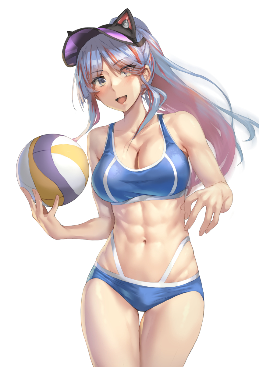 1girl, ball, bare_arms, bare_legs, bare_shoulders, bikini, blue_bikini, blue_hair