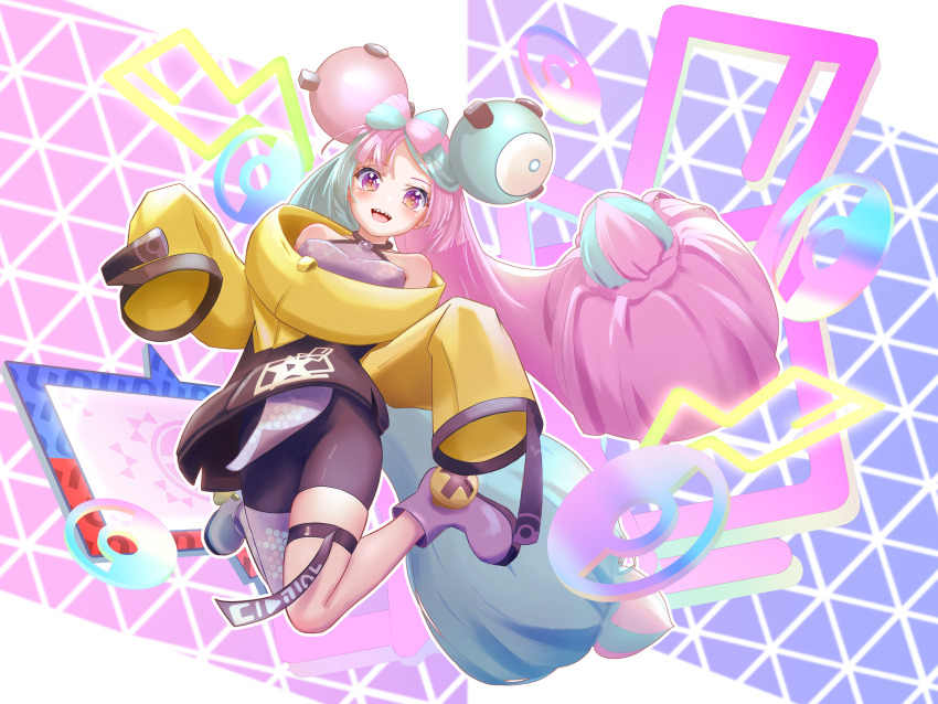 1girl, :d, absurdres, bike_shorts, boots, commentary_request, eyelashes, floating_hair