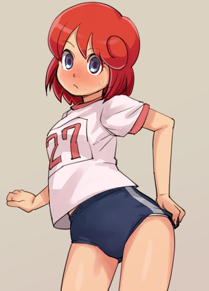 1girl, adjusting_buruma, adjusting_clothes, blue_buruma, blue_eyes, blush, buruma, contrapposto