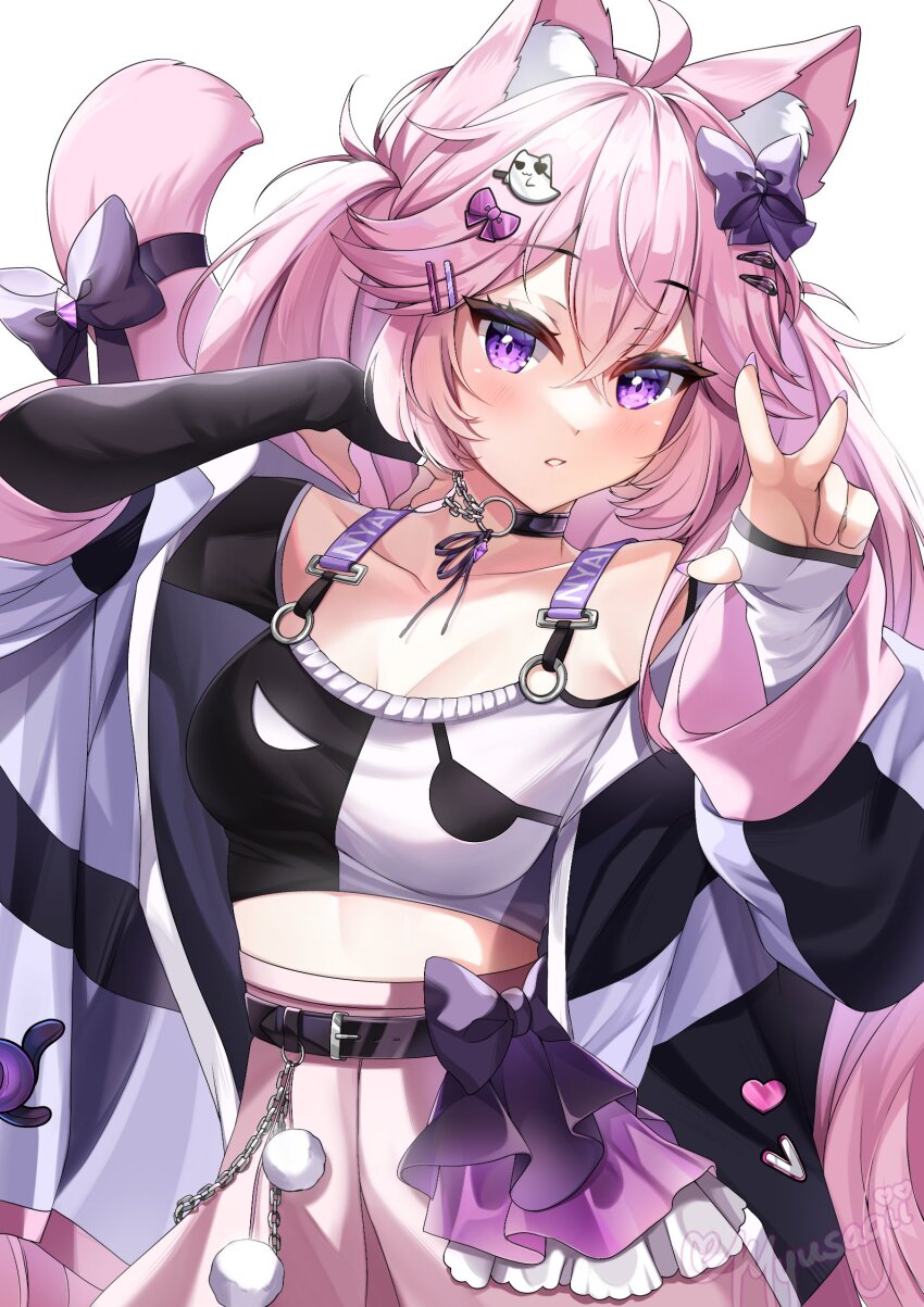 1girl, ahoge, animal_ear_fluff, animal_ears, belt, black_belt, black_choker, black_jacket