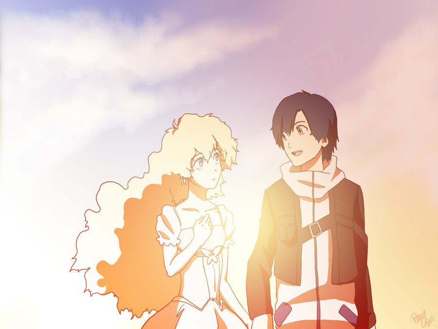 00s, 1boy, 1girl, blonde_hair, blue_hair, couple, dress, holding_hands, hetero, nia_teppelin, renny08, simon_(ttgl), sky, tengen_toppa_gurren_lagann, tengen_toppa_gurren_lagann:_parallel_works, aged_down