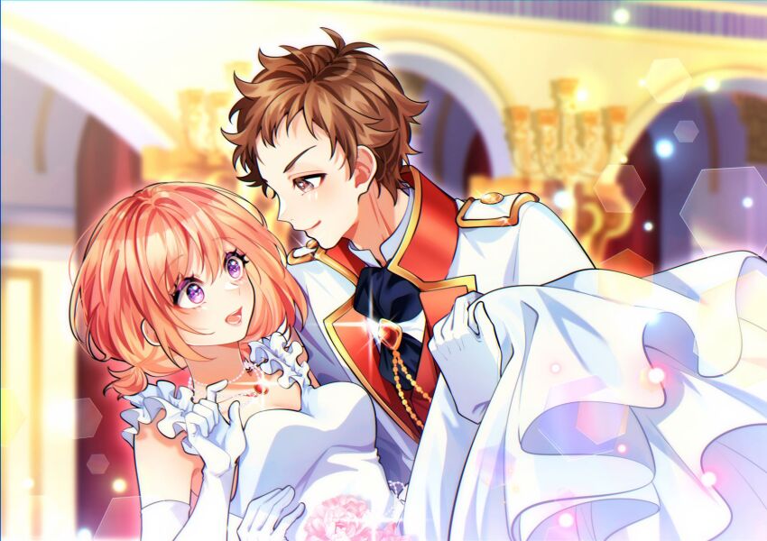 1boy, 1girl, arch, ascot, blue_ascot, blurry, blurry_background, brown_eyes