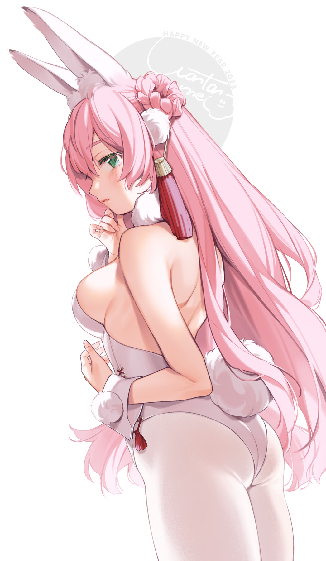 1girl, 2023, animal_ears, artist_name, ass, bare_back, bare_shoulders, breasts
