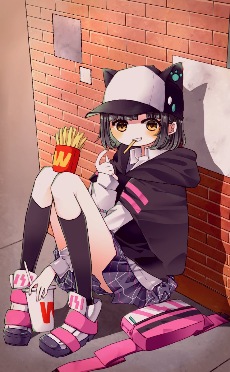1girl, animal_ears, animal_hat, baseball_cap, black_hair, black_socks, brick_wall, cat_ears, cat_hat, collared_shirt, cup, denonbu, eating, fake_animal_ears, fanny_pack, food, french_fries, hat, highres, hood, hoodie, kawaizumi_pome, kurogane_tama, long_sleeves, looking_at_viewer, on_floor, open_mouth, outdoors, pleated_skirt, shirt, shoes, short_hair, sitting, skirt, smile, socks, solo, white_shirt, yellow_eyes